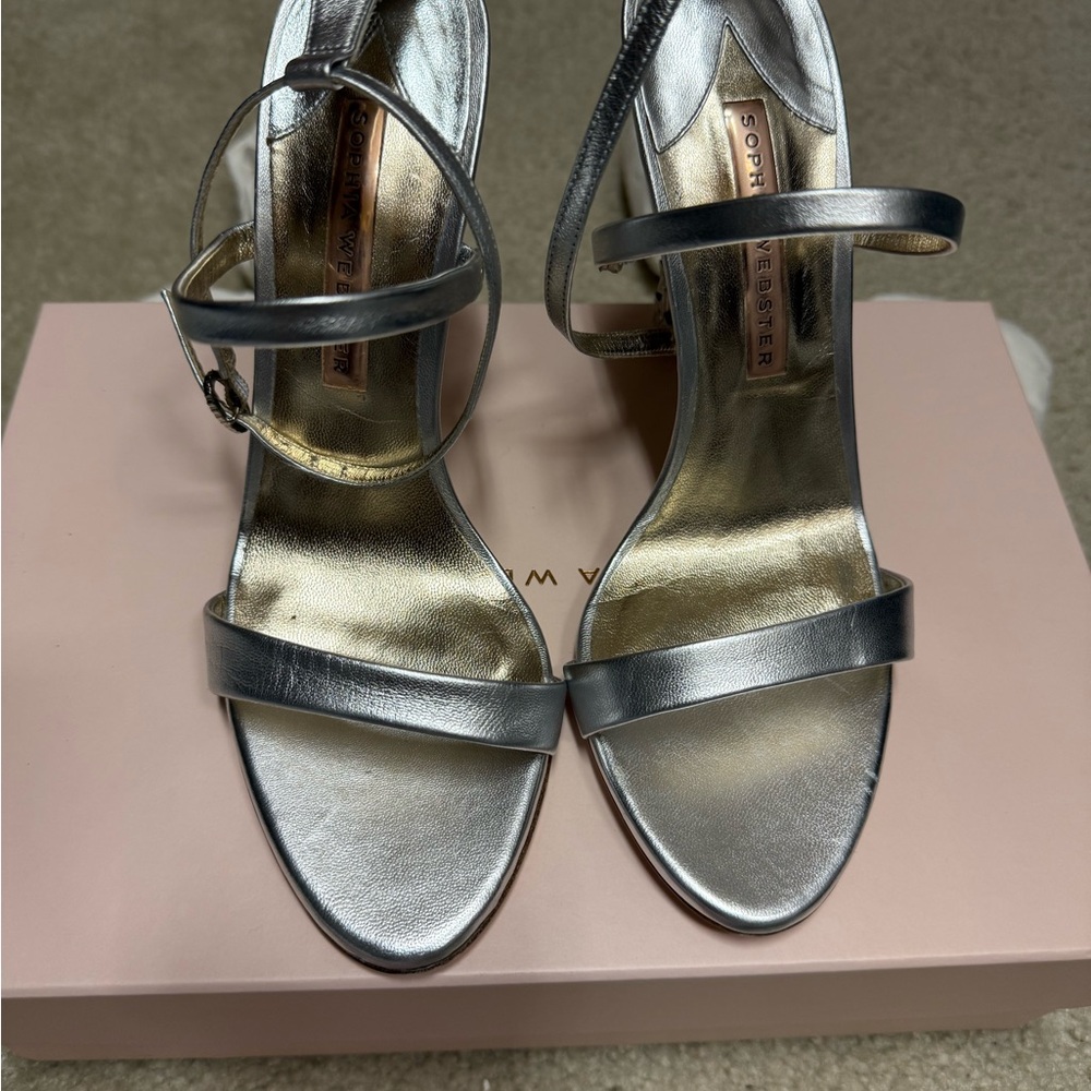 Sophia Webster Silver Strappy Heels with Metallic Finish